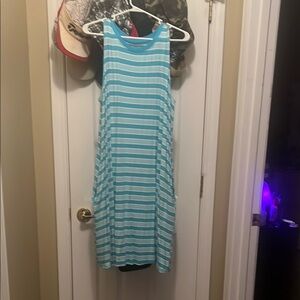 Blue and White Striped Sleeveless Dress with POCKETS!